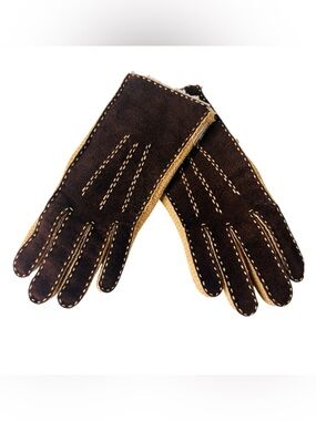 Aris Brown Suede Winter Gloves Faux Shearling Lined Stitching Accent Womens M